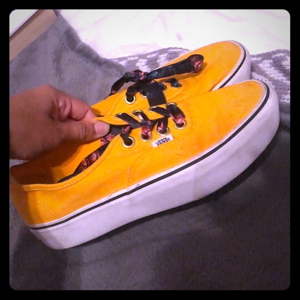 Yellow platform shoes with rose laces!!💛💛